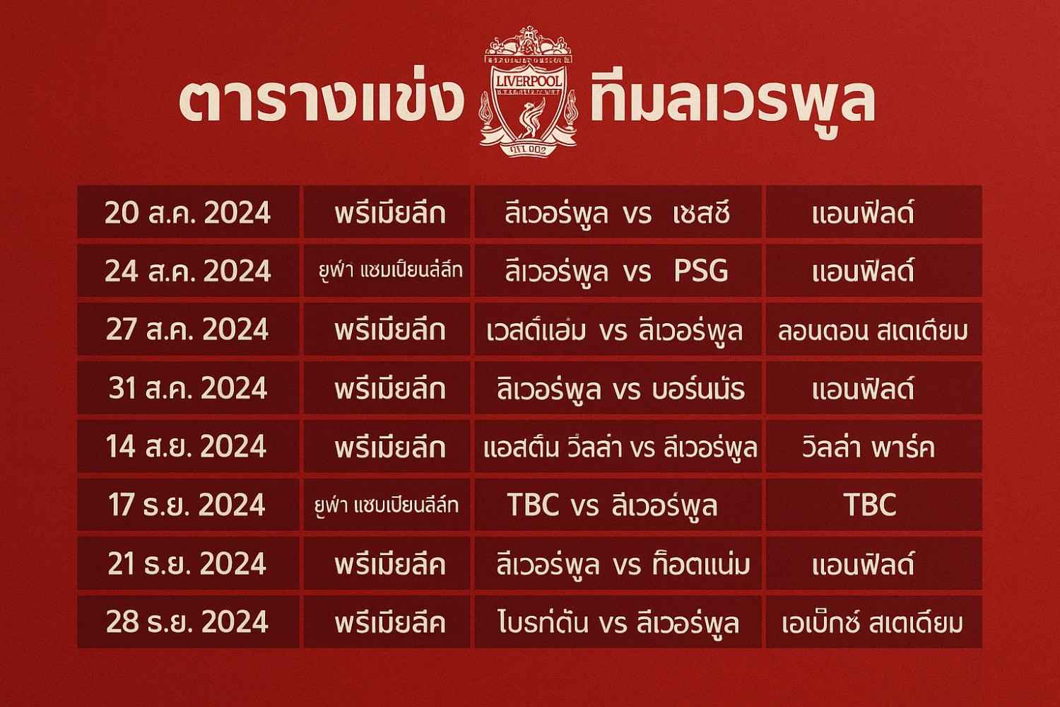 ตารางแข่งทีมลิเวอร์พูล